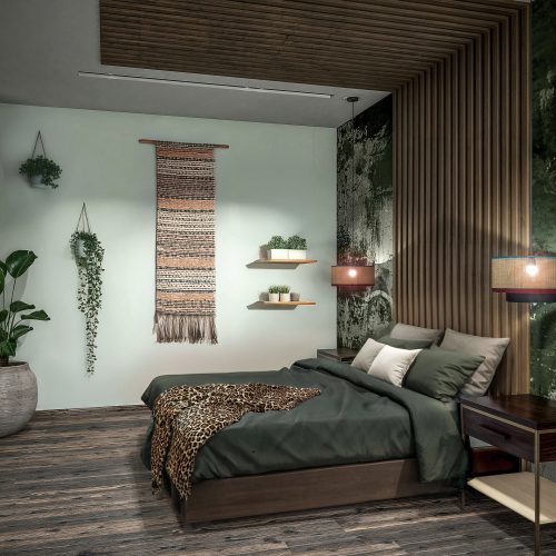 Chambre jungle contemporaine aux textures bois et végétales