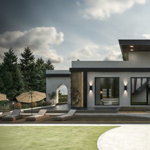 Maison contemporaine avec piscine, arche et mur végétal