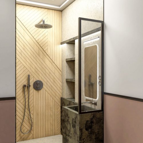 Salle de bain contemporaine avec mur en lattes bois et éclairage LED