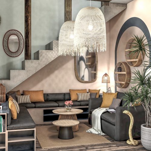 Salon bohème moderne aux tons ocres et ses détails tressés