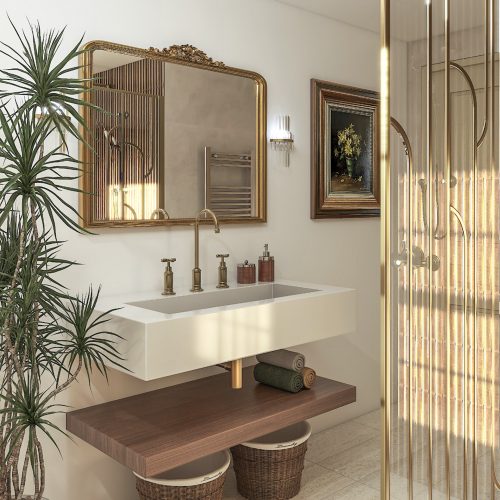 Salle de bain contemporaine aux matières brutes et détails dorés (2)