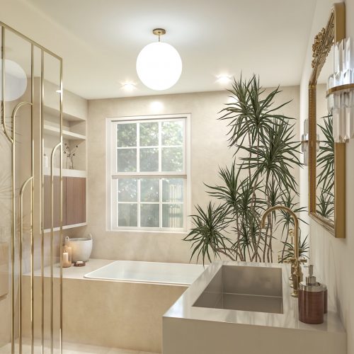 Salle de bain contemporaine aux matières brutes et détails dorés (1)