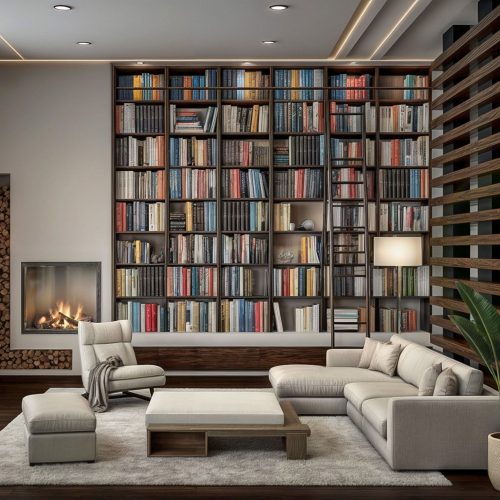 Salon contemporain avec bibliothèque encastrée et cheminée